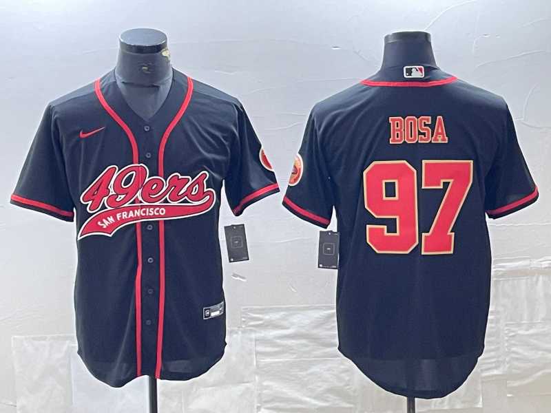 Mens San Francisco 49ers #97 Nick Bosa Black Red With Patch Cool Base Stitched Baseball Jersey